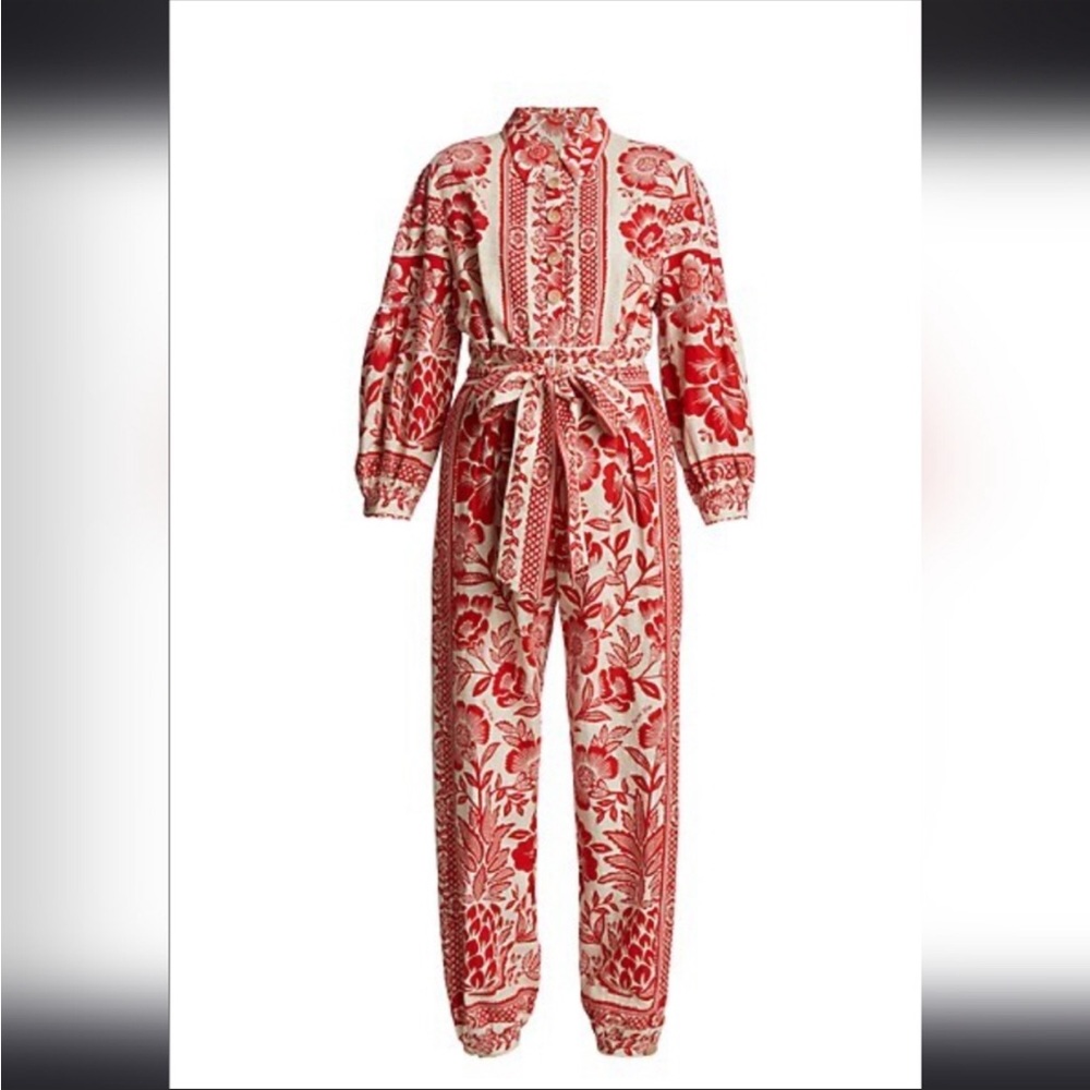 Farm Rio Floral-Print Linen-Blend Jumpsuit- Red and White